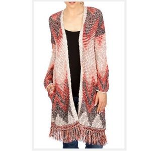 Lucky Brand FRINGED CHEVRON CARDIGAN Burnt orange & cream Indian inspired SZ M